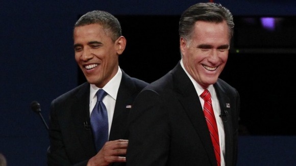 President Obama and Republican presidential nominee Romney share a laugh at the end of the first presidential debate in Denver