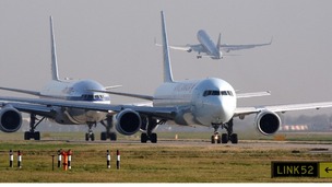 Planes queue to take off on the southern runway at Heathrow Airport