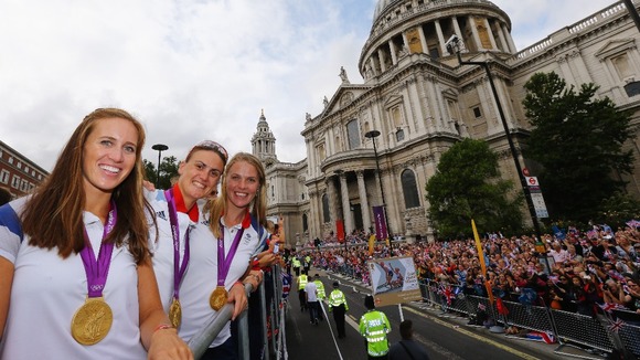 Women's Pair Rowing gold medallists Helen Glover (far left) and Heather Stanning