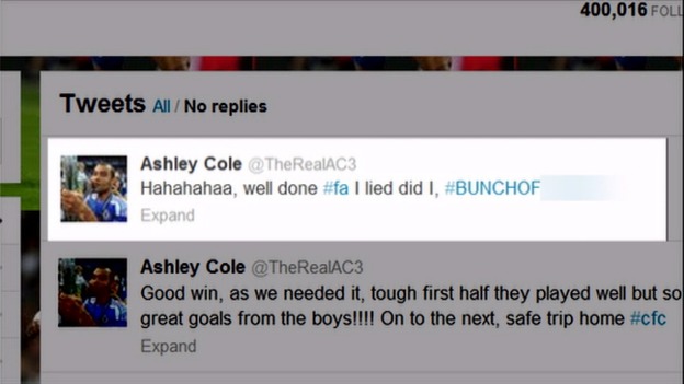 Ashley Cole's tweet.