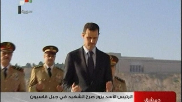 Syrian state TV showed President Assad laying a wreath at the tomb of the unknown soldier today