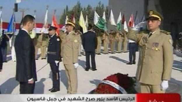 Syrian state TV showed President Assad laying a wreath at the tomb of the unknown soldier today