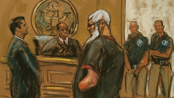 Islamist cleric Abu Hamza al-Masri is seen in this courtroom sketch during a court appearance in Manhattan Federal Court in New York