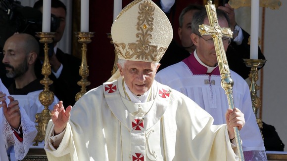 Pope Benedict XVI waves at the end of mass during his pastoral visit in Loreto