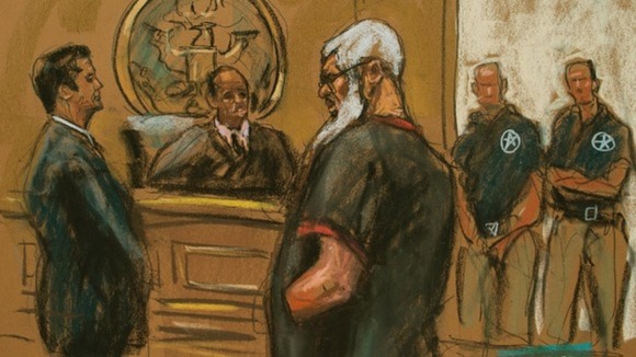 Abu Hamza is seen in this courtroom sketch during a court appearance in Manhattan Federal Court in New York on Saturday.