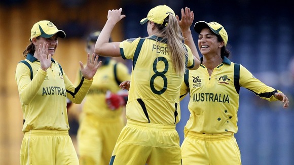 Australia's bowler Lisa Sthalekar, right, the dismissal of England's captain Charlotte Edwards