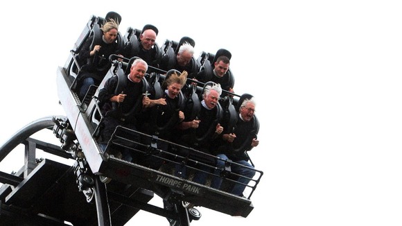 Thrill-seekers on "The Saw" roller-coaster at Thorpe Park.