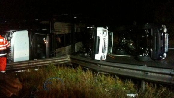 Overturned recovery vehicle and car transporter