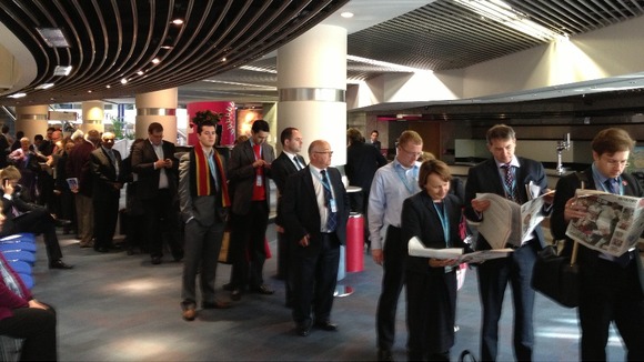 The queue to get into the conference hall this morning.