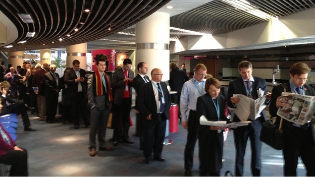 The queue to get into the conference hall this morning.