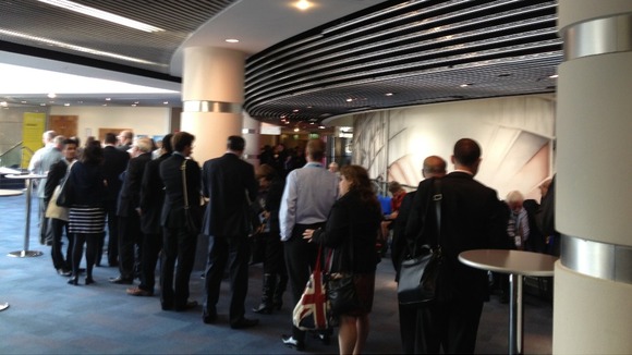 The queue to get into the conference hall this morning.