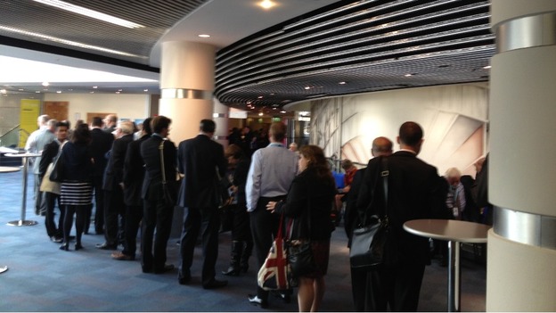 The queue to get into the conference hall this morning.