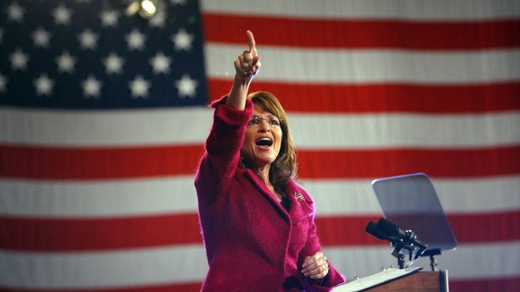 US Republican vice-presidential nominee Sarah Palin speaks at a campaign rally in 2008.