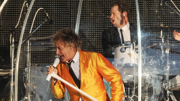 Rod Stewart performs in concert at Elland Road, Leeds.