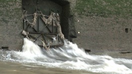Water and raw sewage spills into the River Thames from a combined sewer overflow.