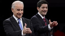 Vice President Biden and Republican vice presidential nominee Ryan react at the conclusion of the U.S. vice presidential debate in Danville