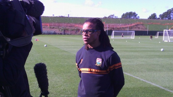 Edgar Davids talks to the media ahead of a formal press conference at Barnet FC.