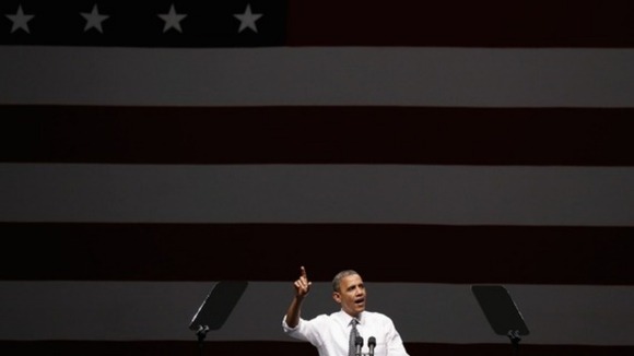 President Barack Obama speaking on the campaign trail.