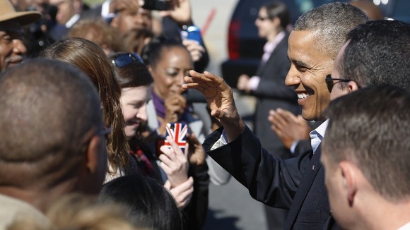 President Obama greets supporters in Newport on Saturday.