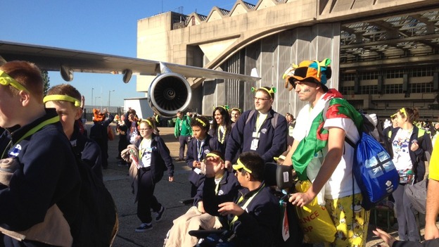Children heading to Dreamflight aeroplane