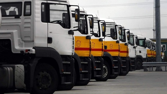 Tankers standing idle at the Shell petrol tanker depot at the Coryton West Site in Essex