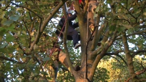 Liam Byrne being rescued from the tree after his first parachute jump