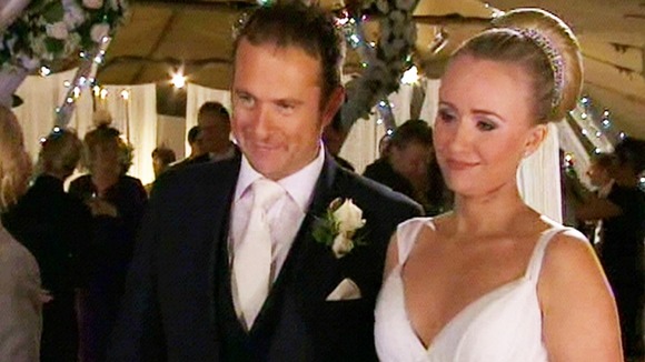 Declan Macey played by Jason Merrells and Katie Sugden played by Sammy Windwood at their wedding reception