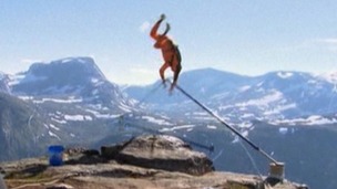 The moment the poles buckled, sending Richard Henriksen flying over the edge