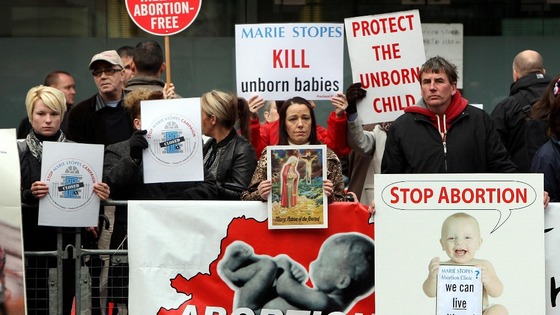 Protesters outside the clinic in Belfast today
