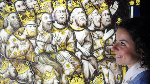 Stained glass panel within the orb