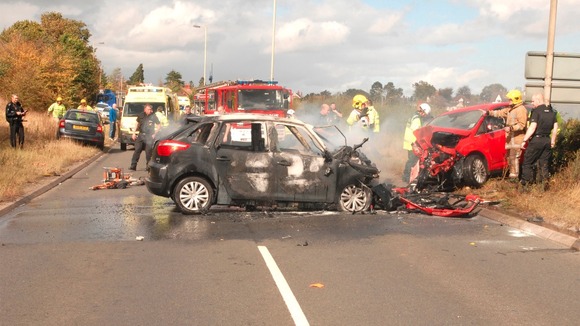 Four cars had collided and one of the cars caught fire
