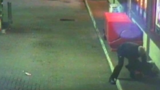 CCTV of Inspector Dennis Kelly wrestling a would-be armed robber to the floor at a petrol station on Curzon Street, Maryport.