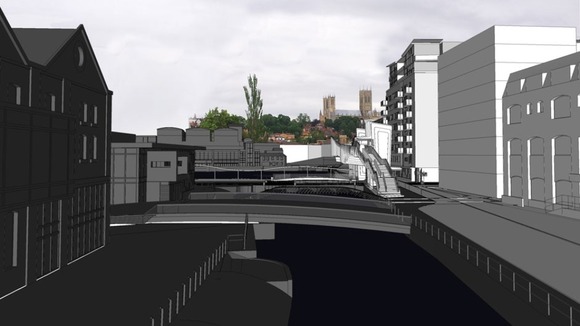 Proposed bridge at Brayford level crossing viewed against the cathedral