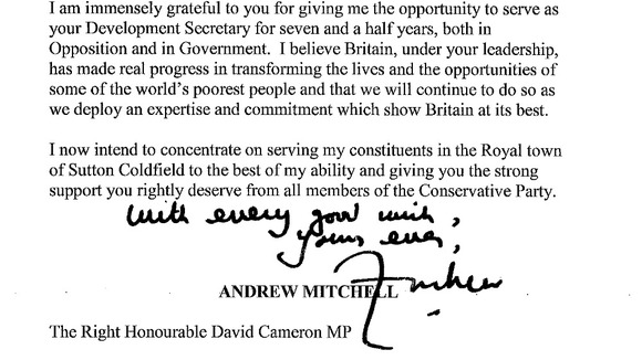 Andrew Mitchell's letter of resignation 