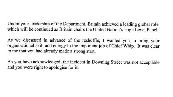 Prime Mininster's acceptance letter after Andrew Mitchell's resignation