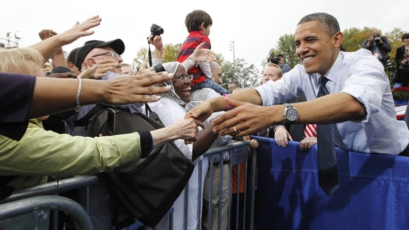 U.S. President Barack Obama greets supporters during a campaign rally in Virginia