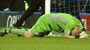 Sheffield Wednesday goalkeeper Chris Kirkland lays on the ground after been struck by a Leeds United fan