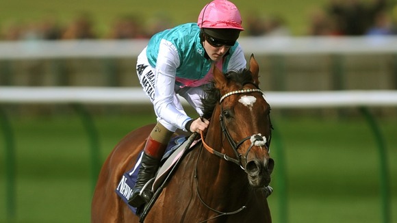 Frankel, ridden by Tom Queally on the Gallops at Newmarket Racecourse last month