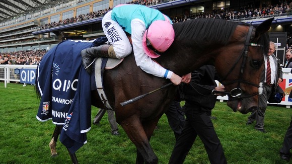 Tom Queally hugs Frankel after winning the Qipco Champion Stakes