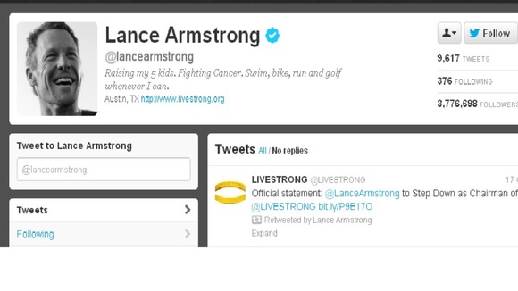 Lance Armstrong's Twitter profile has been updated
