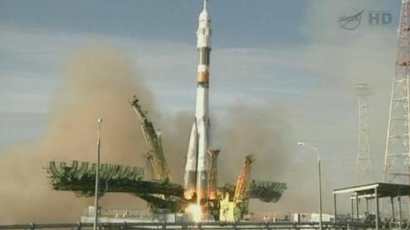 The Soyuz rocket lifts off in Kazakhstan.