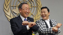 South Korean singer Psy practises some "Gangnam Style" dance steps with UN Secretary-General Ban Ki-moon at the UN headquarters 
