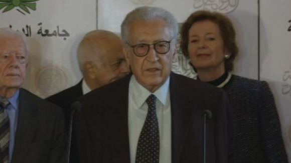 The United Nations-Arab League envoy to Syria, with members of his delegation in Cairo
