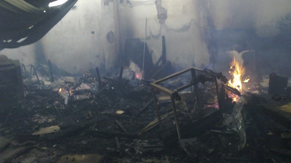 A fire burns after after what activists said was shelling by forces loyal to Syria's President Bashar al-Assad in Erbeen