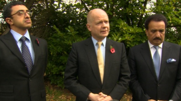 William Hague speaks to reporters outside the hospital