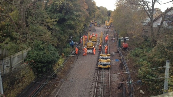 Workers carry out maintenance work on the closed Tyne and Wear Metro