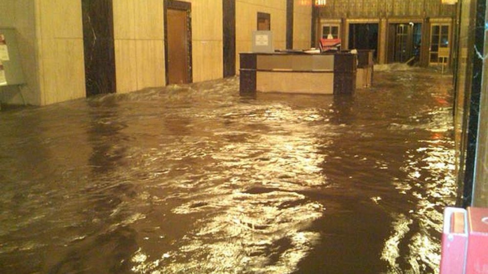 Flooded lobby of the Verizon building in New York ITV News