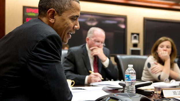 President Obama participates in a conference call with electric utility executives to discuss the restoration of power.