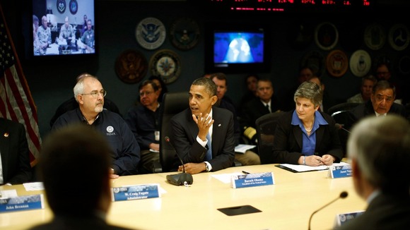 President Obama visits FEMA headquarters following Sandy.