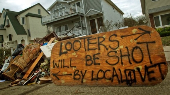 A warning sign outside a home in Long Beach, New York.